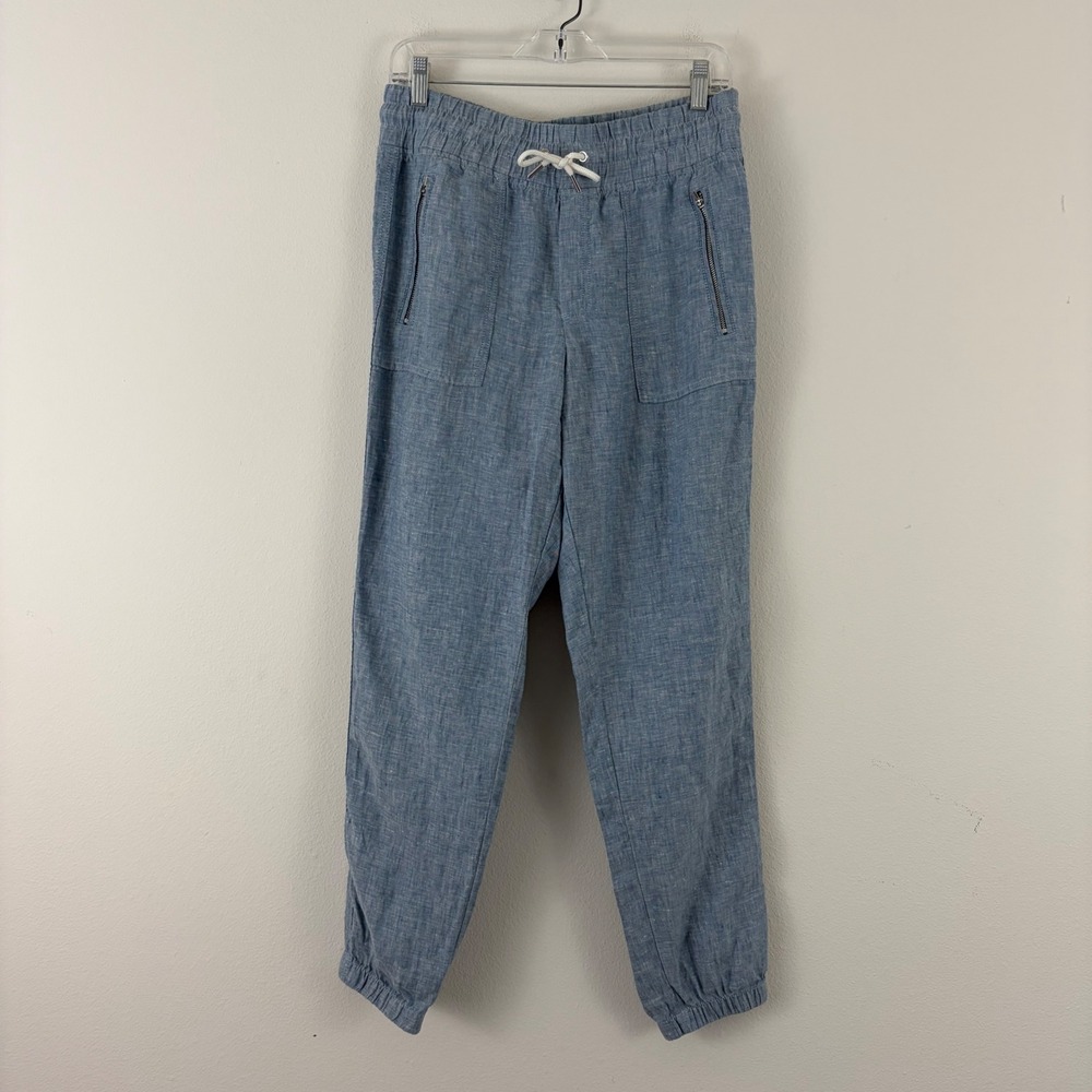 Athleta Linen Blend Jogger Pants Blue Chambray Drawstring Elastic Waist Pockets